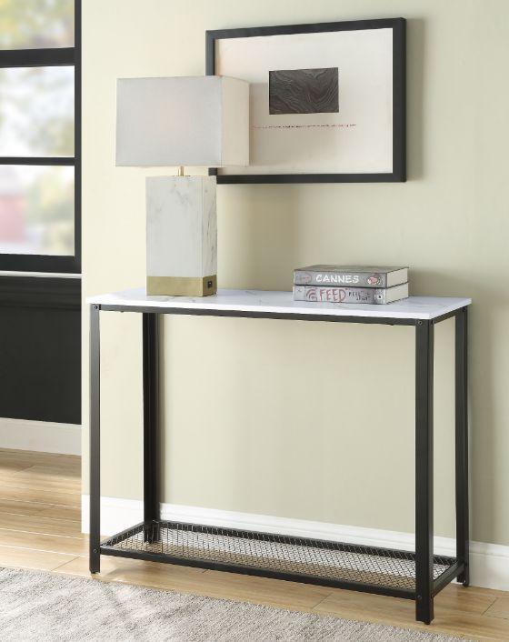 ACME Taurus Sofa Table, White Printed Faux Marble & Black Finish FredCo