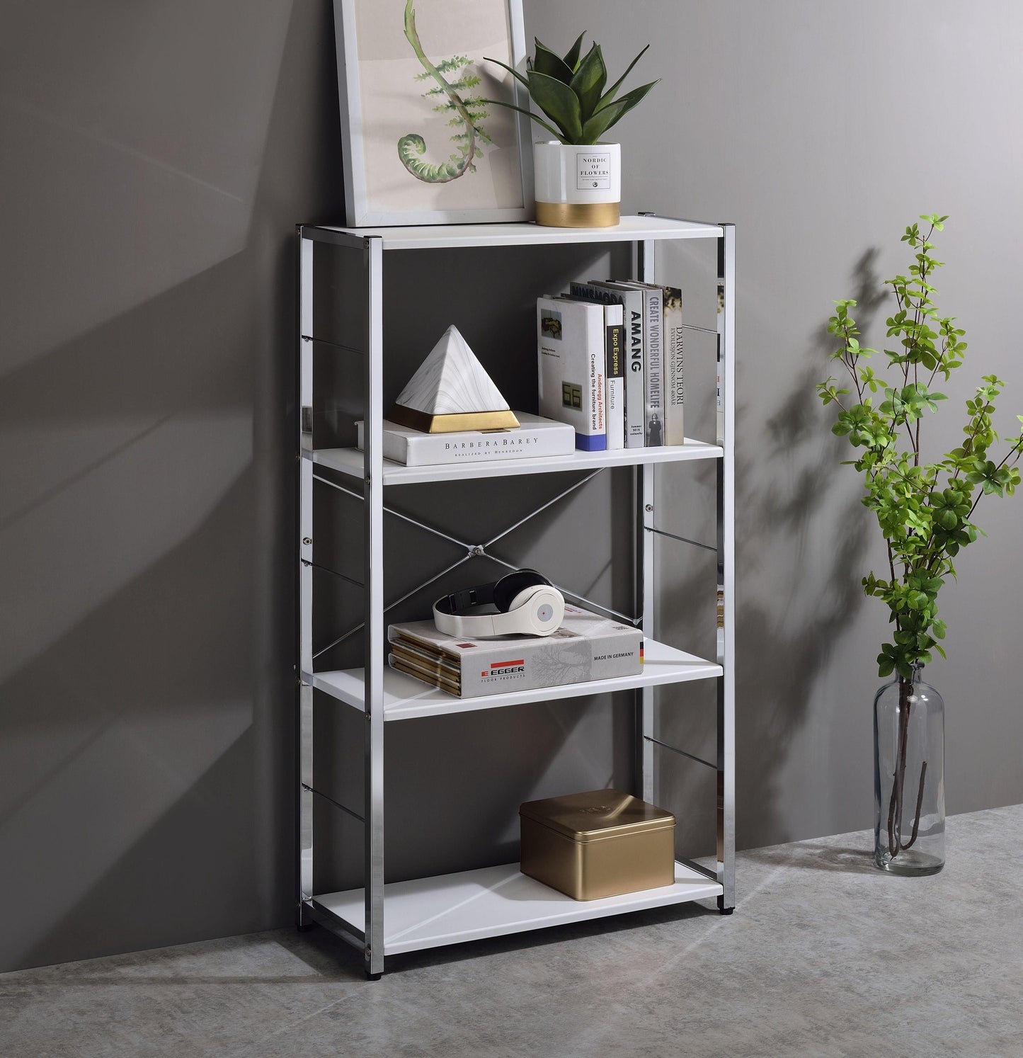 ACME Tennos Bookshelf, White & Chrome Finish FredCo