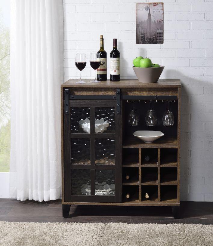 ACME Treju Wine Cabinet, Obscure Glass, Rustic Oak & Black Finish FredCo