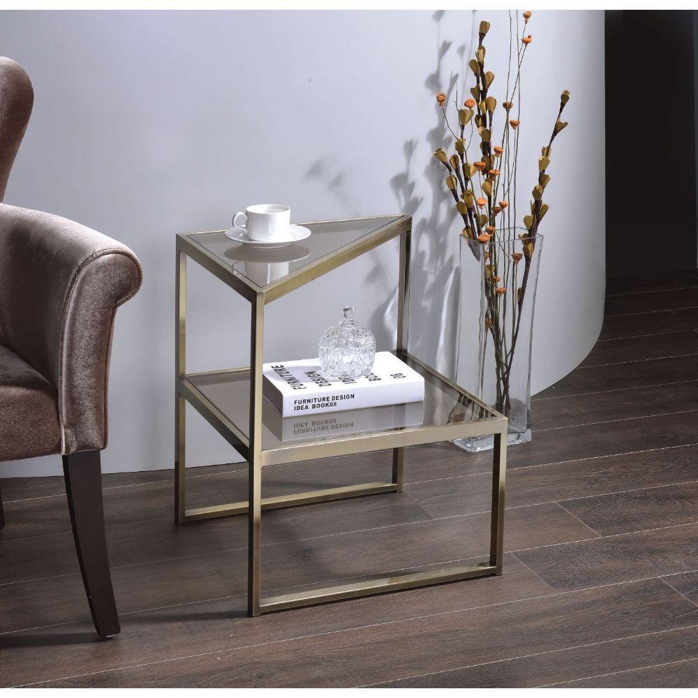 ACME Treva End Table, Antique Gold & Smoky Glass FredCo