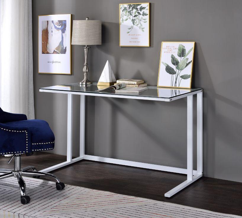 ACME Tyrese Writing Desk, Clear Glass & White Finish FredCo