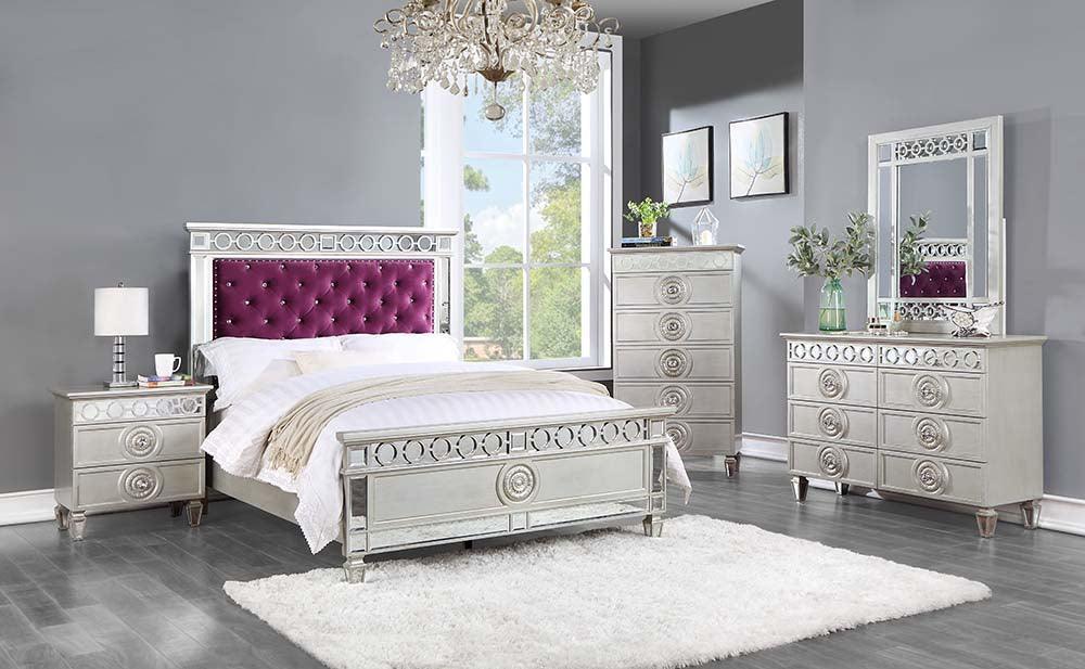 ACME Varian Twin Bed, Burgundy Velvet, Silver & Mirrored Finish FredCo