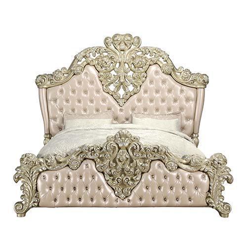 ACME Vatican Eastern King Bed, PU Leather, Light Gold & Champagne Silver Finish FredCo