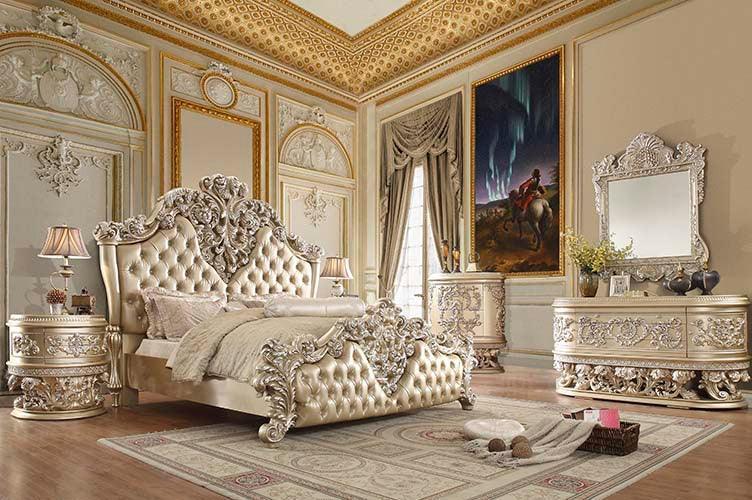 ACME Vatican Eastern King Bed, PU Leather, Light Gold & Champagne Silver Finish FredCo
