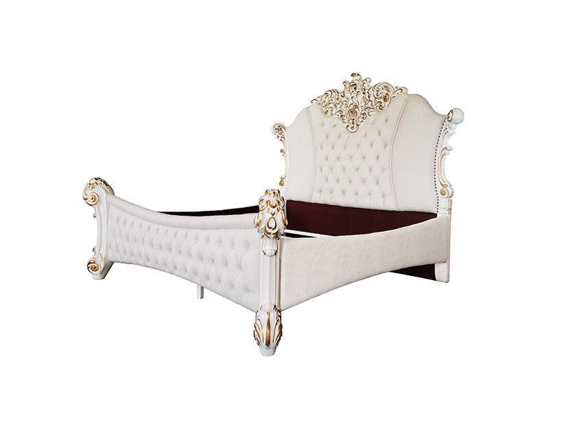 ACME Vendom Eastern King Bed, Two Tone Ivory Fabric & Antique Pearl Finish FredCo