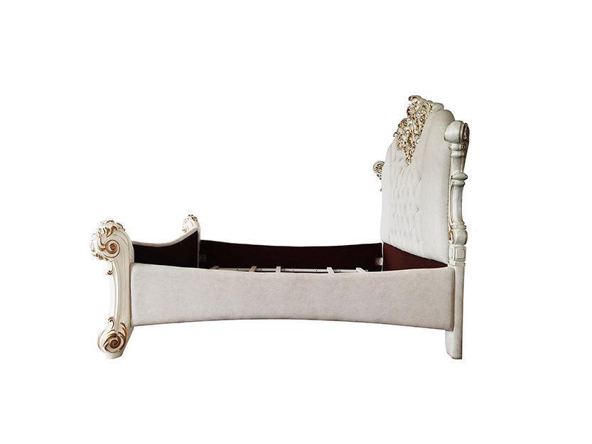 ACME Vendom Eastern King Bed, Two Tone Ivory Fabric & Antique Pearl Finish FredCo