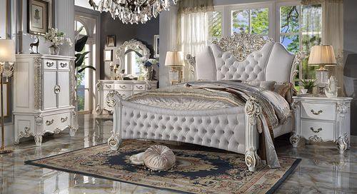 ACME Vendom Eastern King Bed, Two Tone Ivory Fabric & Antique Pearl Finish FredCo