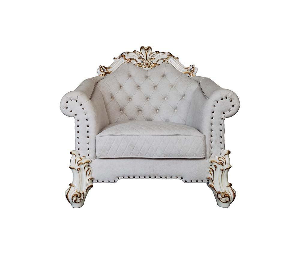 ACME Vendom II Chair w/2 Pillows, Two Tone Ivory Fabric & Antique Pearl Finsih FredCo