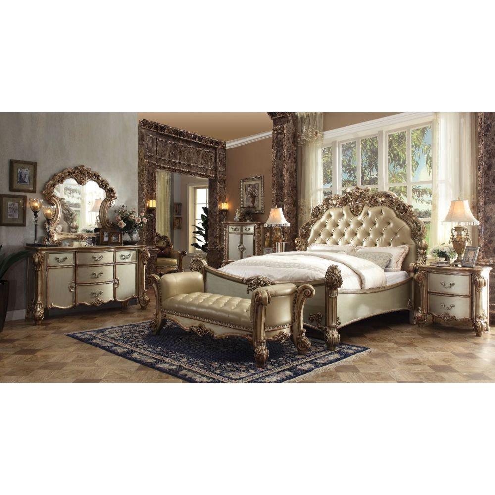 ACME Vendome California King Bed, Bone PU & Gold Patina 22994CK FredCo
