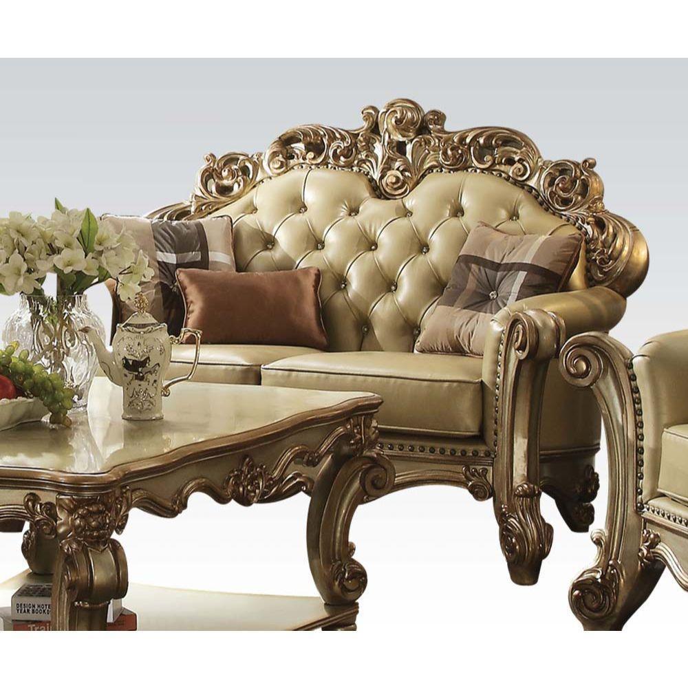 ACME Vendome Loveseat w/3 Pillows, Bone PU & Gold Patina FredCo