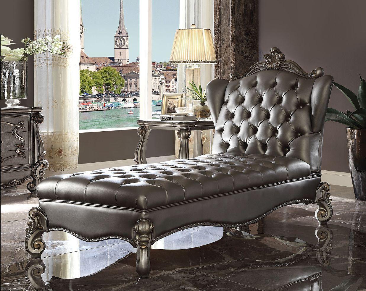 ACME Versailles Chaise Lounge, Silver PU & Antique Platinum FredCo