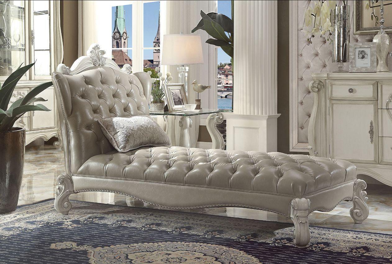 ACME Versailles Chaise w/1 Pillow, Vintage Gray PU & Bone White FredCo
