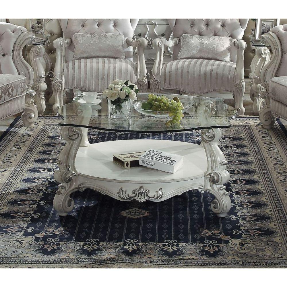 ACME Versailles Coffee Table, Bone White & Clear Glass 82085 FredCo