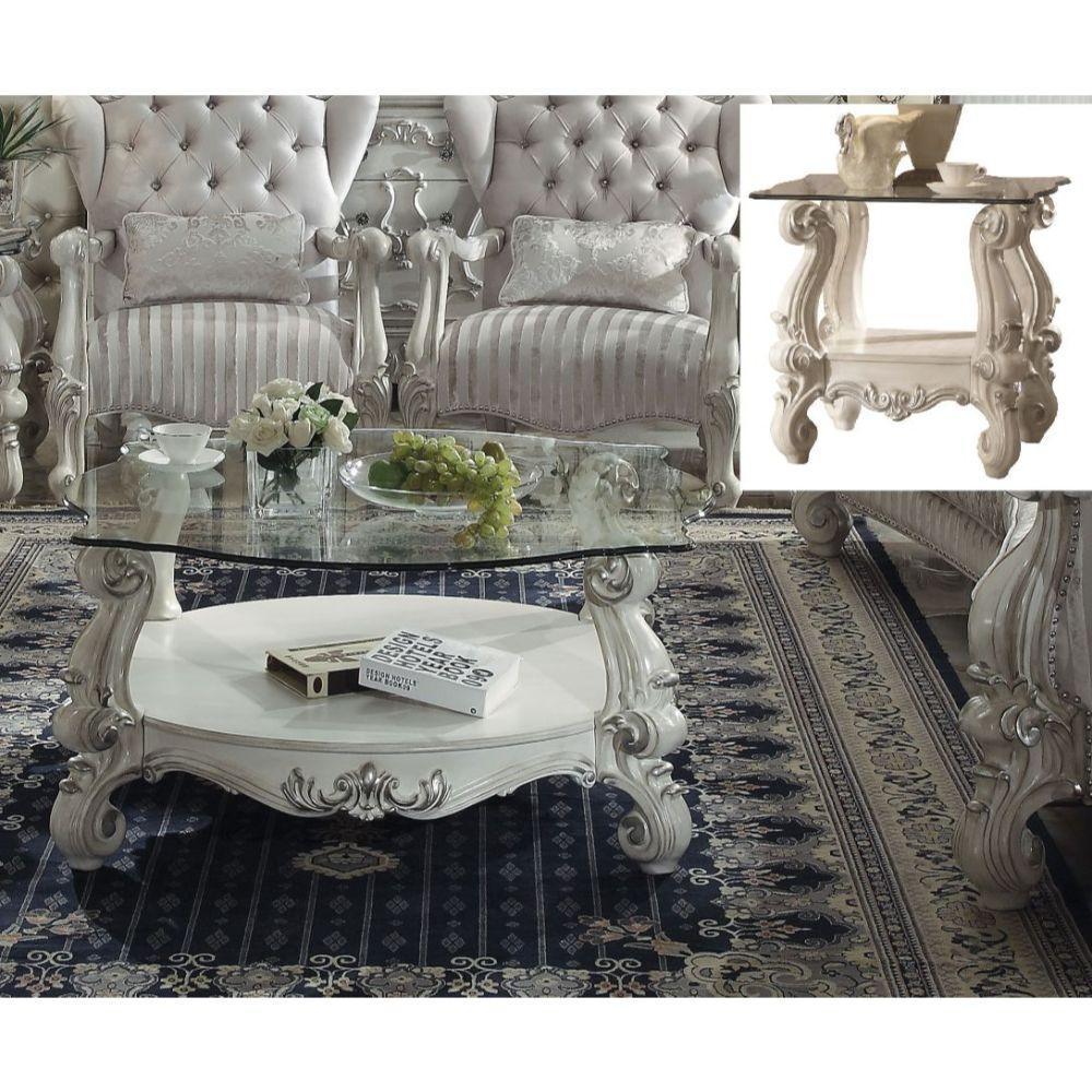 ACME Versailles Coffee Table, Bone White & Clear Glass 82085 FredCo
