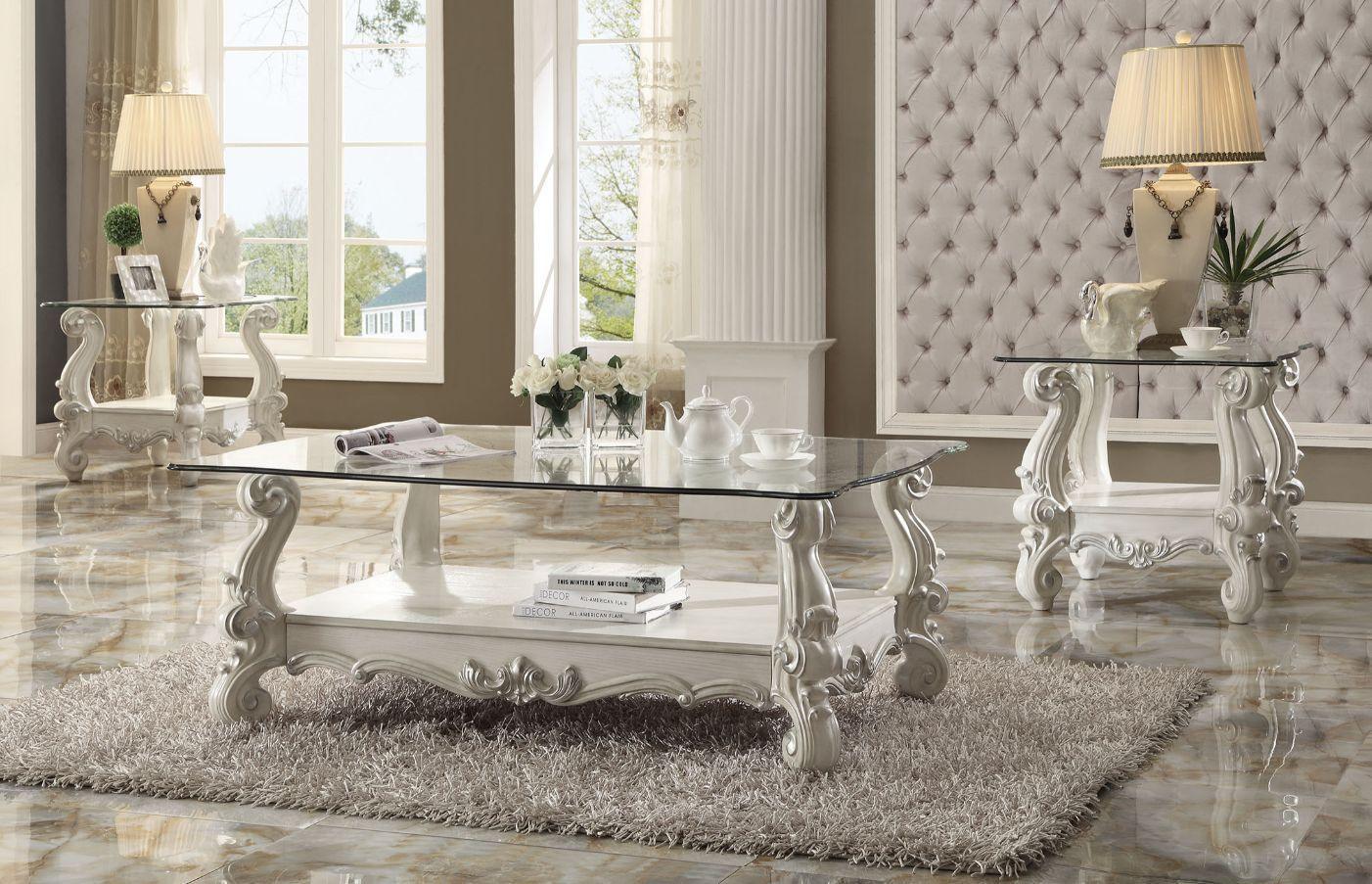 ACME Versailles Coffee Table, Bone White & Clear Glass FredCo