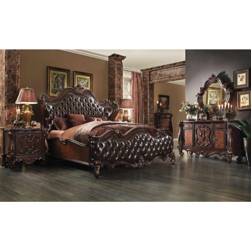 ACME Versailles Eastern King Bed, 2-Tone Dark Brown PU & Cherry Oak 21117EK FredCo
