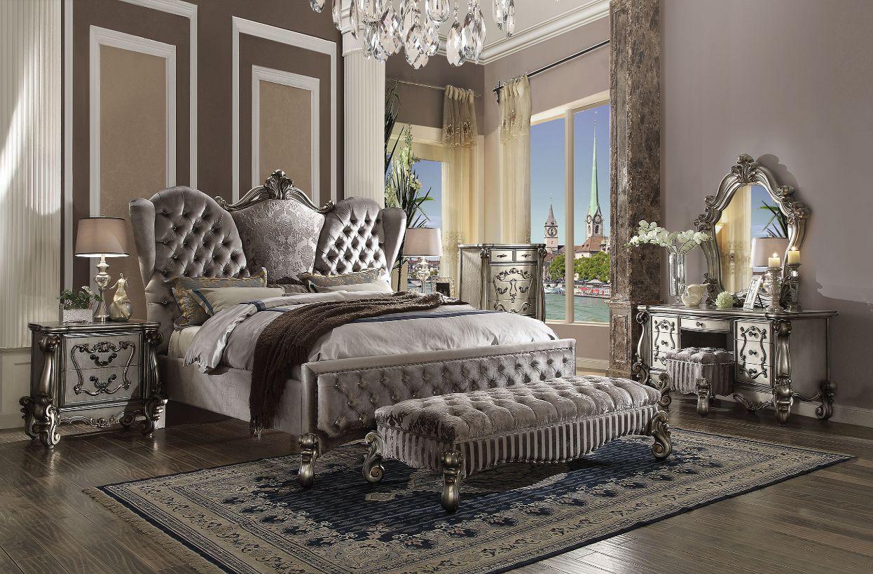 ACME Versailles Queen Bed, Velvet & Antique Platinum 26820Q FredCo