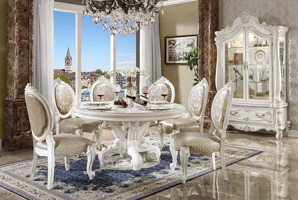 ACME Versailles Round Dining Table w/Single Pedestal, PU & Bone White Finsih FredCo