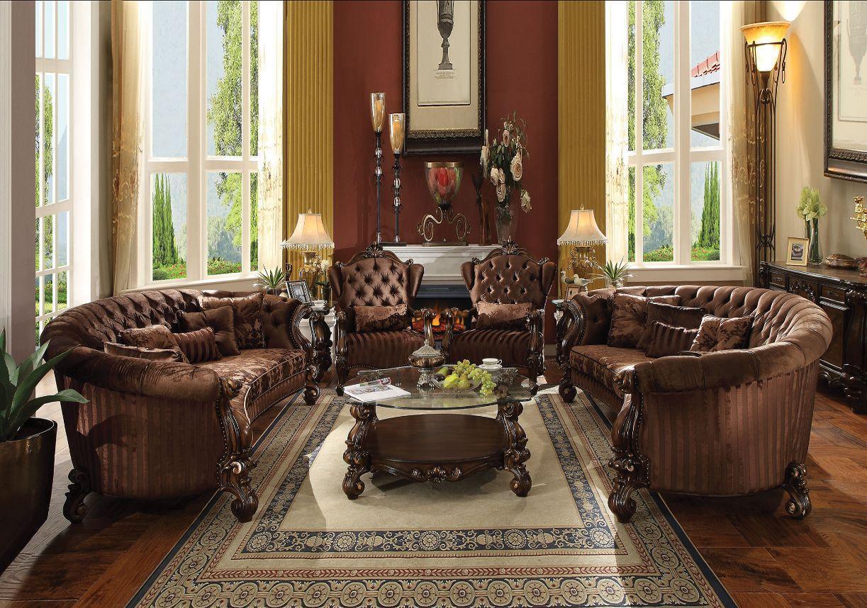 ACME Versailles Sofa w/5 Pillows, Brown Velvet & Cherry Oak FredCo