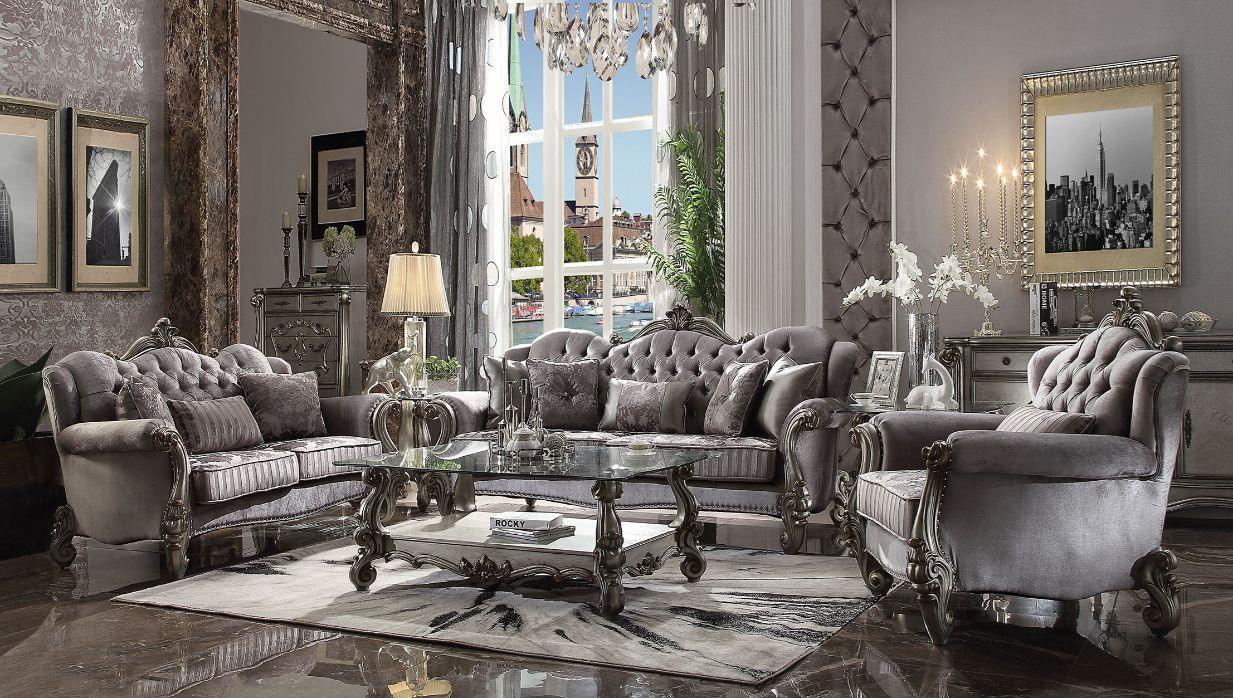 ACME Versailles Sofa w/5 Pillows, Velvet & Antique Platinum FredCo