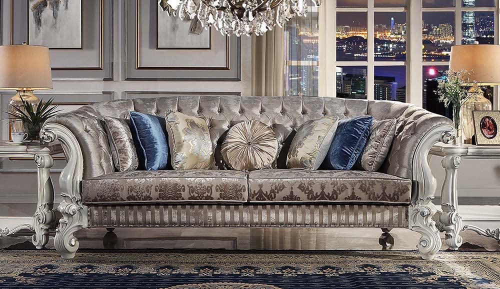 ACME Versailles Sofa w/7 Pillows, Ivory Fabric & Bone White Finish FredCo