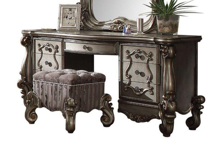 ACME Versailles Vanity Stool, Fabric & Antique Platinum FredCo