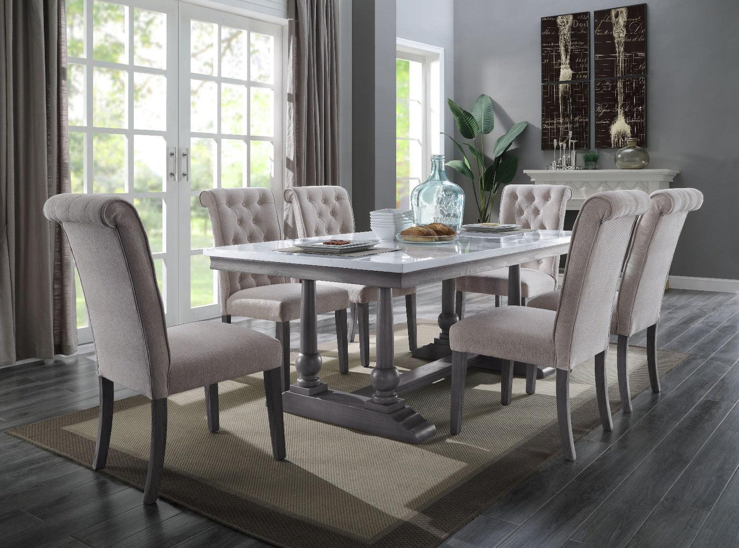 ACME Yabeina Dining Table , Marble Top & Gray Oak Finish FredCo