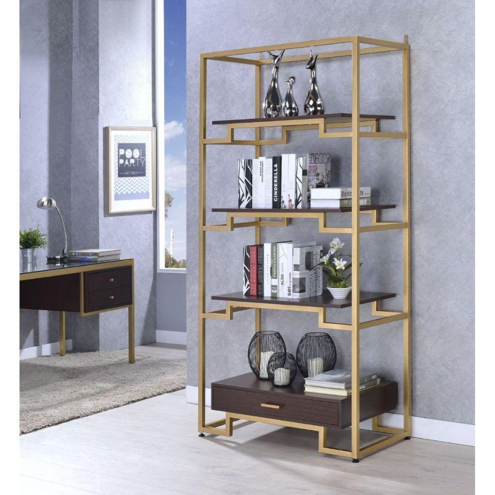 ACME Yumia Bookshelf, Gold & Clear Glass 92787 FredCo