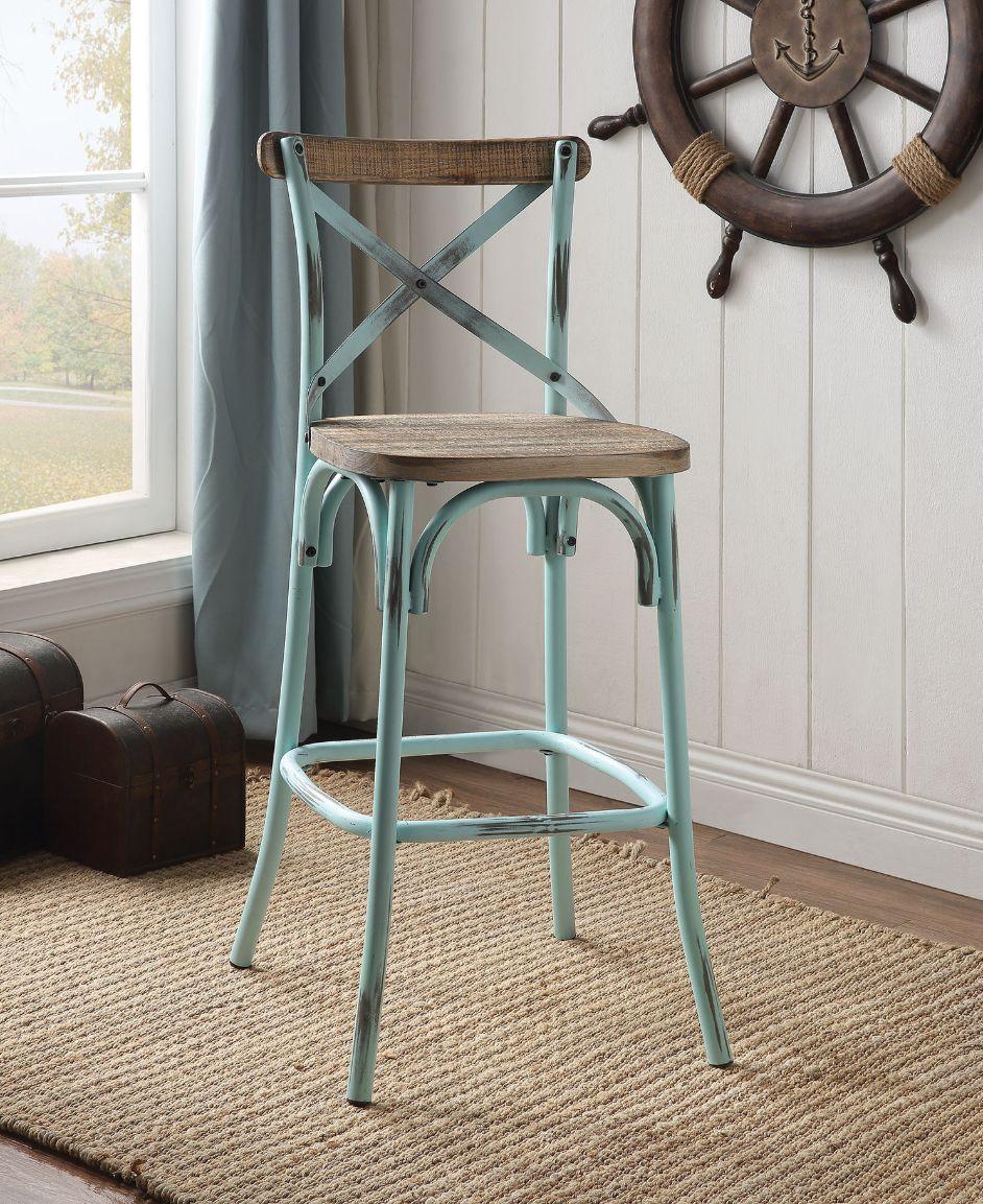 ACME Zaire Bar Chair (1Pc), Antique Sky & Antique Oak, 29" Seat Height FredCo