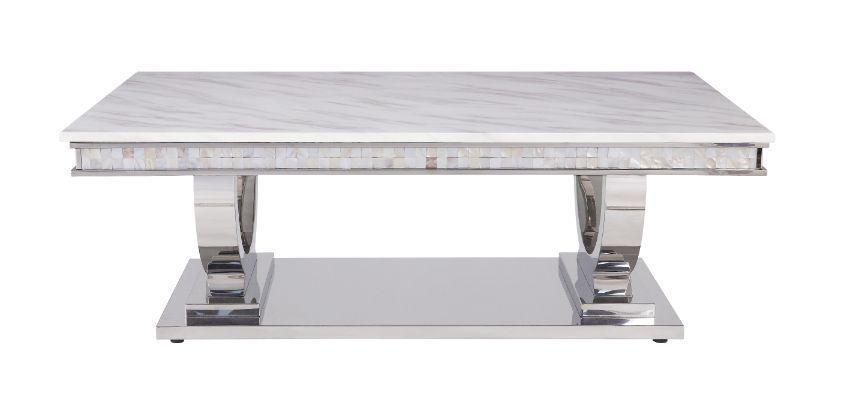 ACME Zander Coffee Table, White Printed Faux Marble & Mirrored Silver Finish FredCo