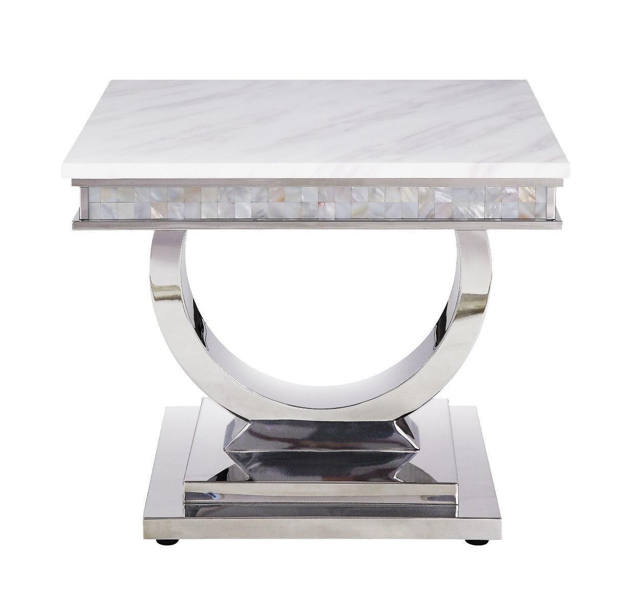 ACME Zander End Table, White Printed Faux Marble & Mirrored Silver Finish FredCo