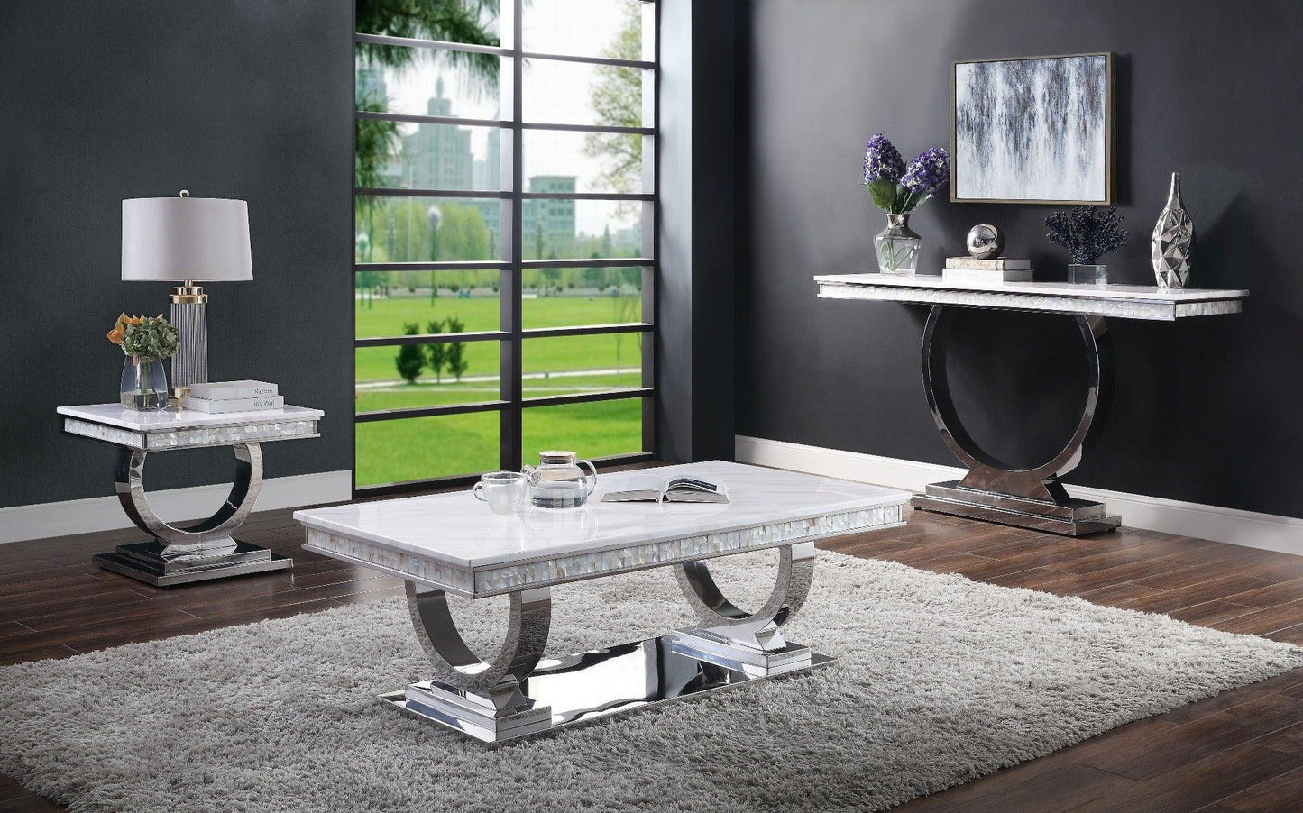ACME Zander Sofa Table, White Printed Faux Marble & Mirrored Silver Finish FredCo