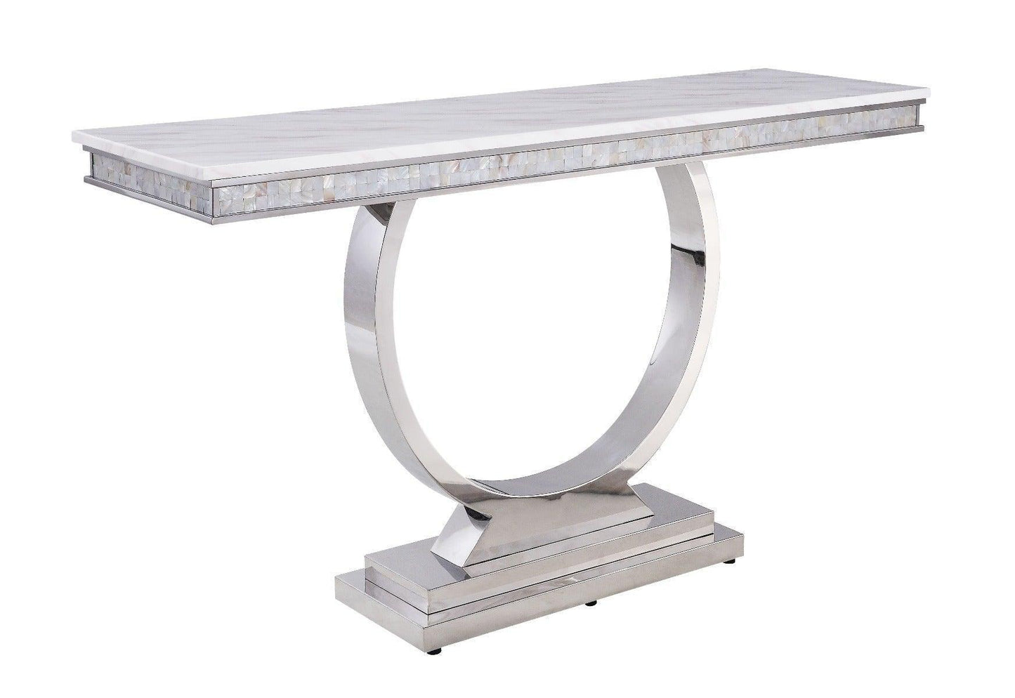 ACME Zander Sofa Table, White Printed Faux Marble & Mirrored Silver Finish FredCo