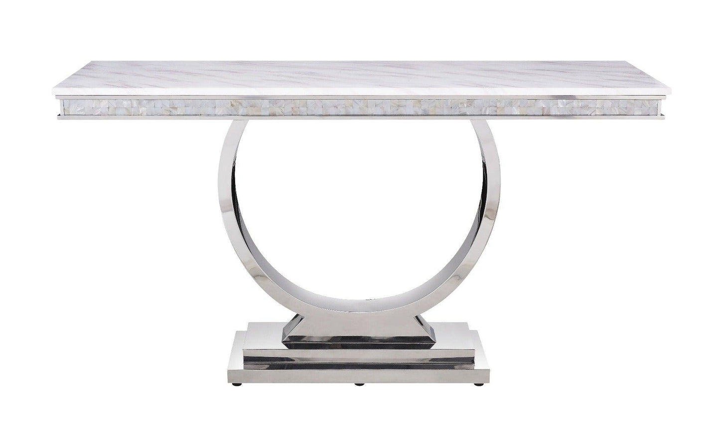 ACME Zander Sofa Table, White Printed Faux Marble & Mirrored Silver Finish FredCo