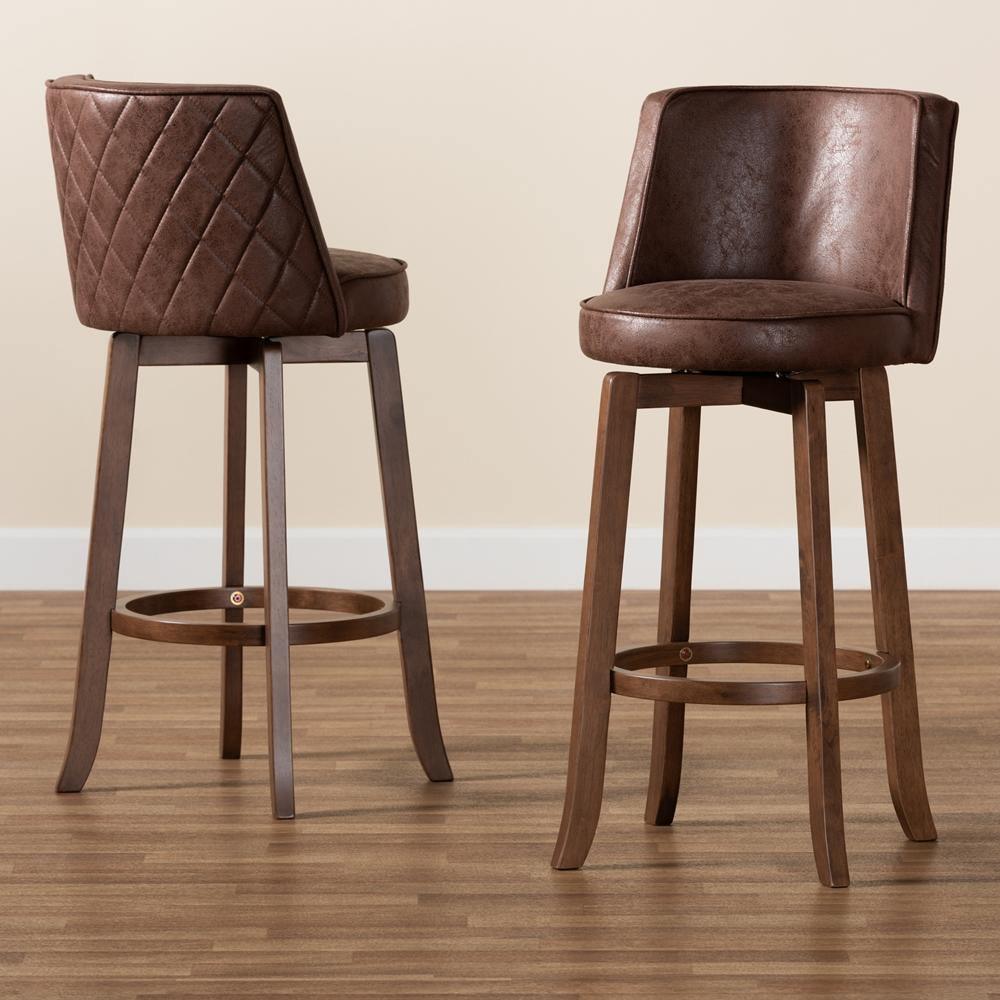 Adams Modern Transitional Distressed Brown Fabric Upholstered and Walnut Brown Finished Wood 2-Piece Bar Stool Set FredCo