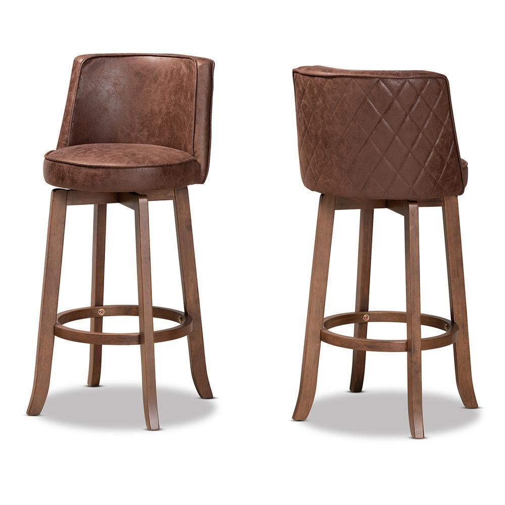 Adams Modern Transitional Distressed Brown Fabric Upholstered and Walnut Brown Finished Wood 2-Piece Bar Stool Set FredCo