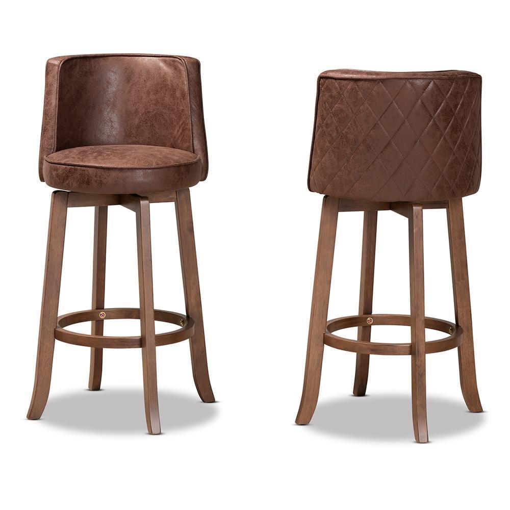 Adams Modern Transitional Distressed Brown Fabric Upholstered and Walnut Brown Finished Wood 2-Piece Bar Stool Set FredCo