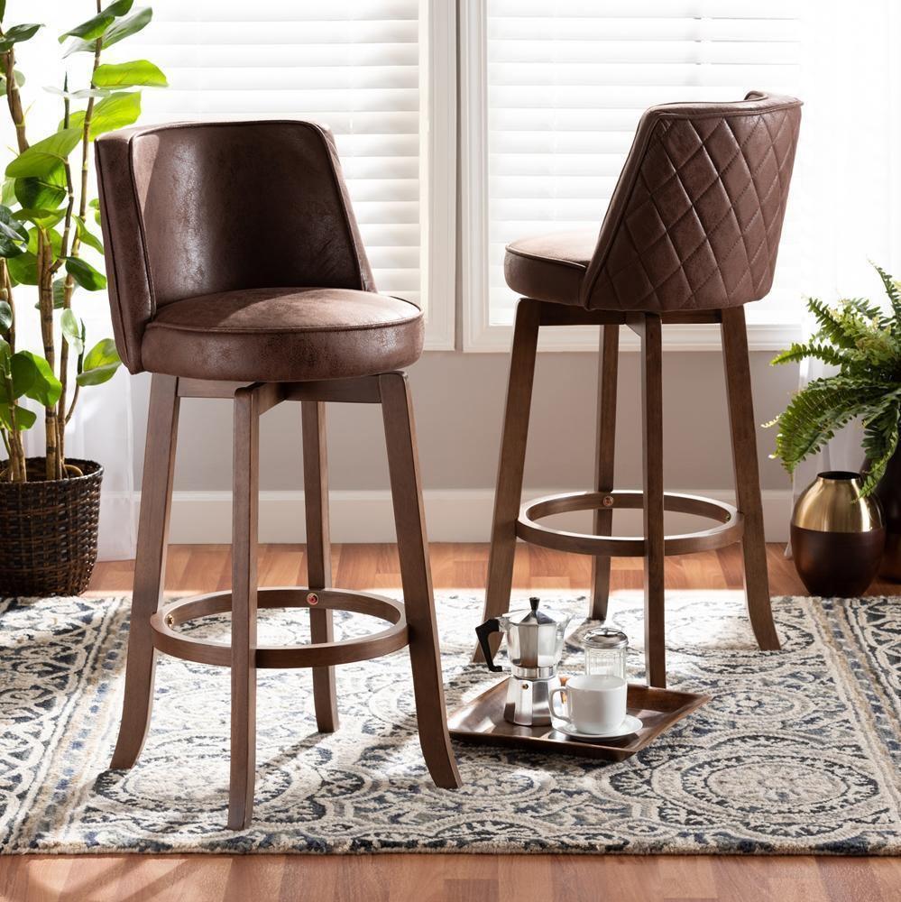 Adams Modern Transitional Distressed Brown Fabric Upholstered and Walnut Brown Finished Wood 2-Piece Bar Stool Set FredCo