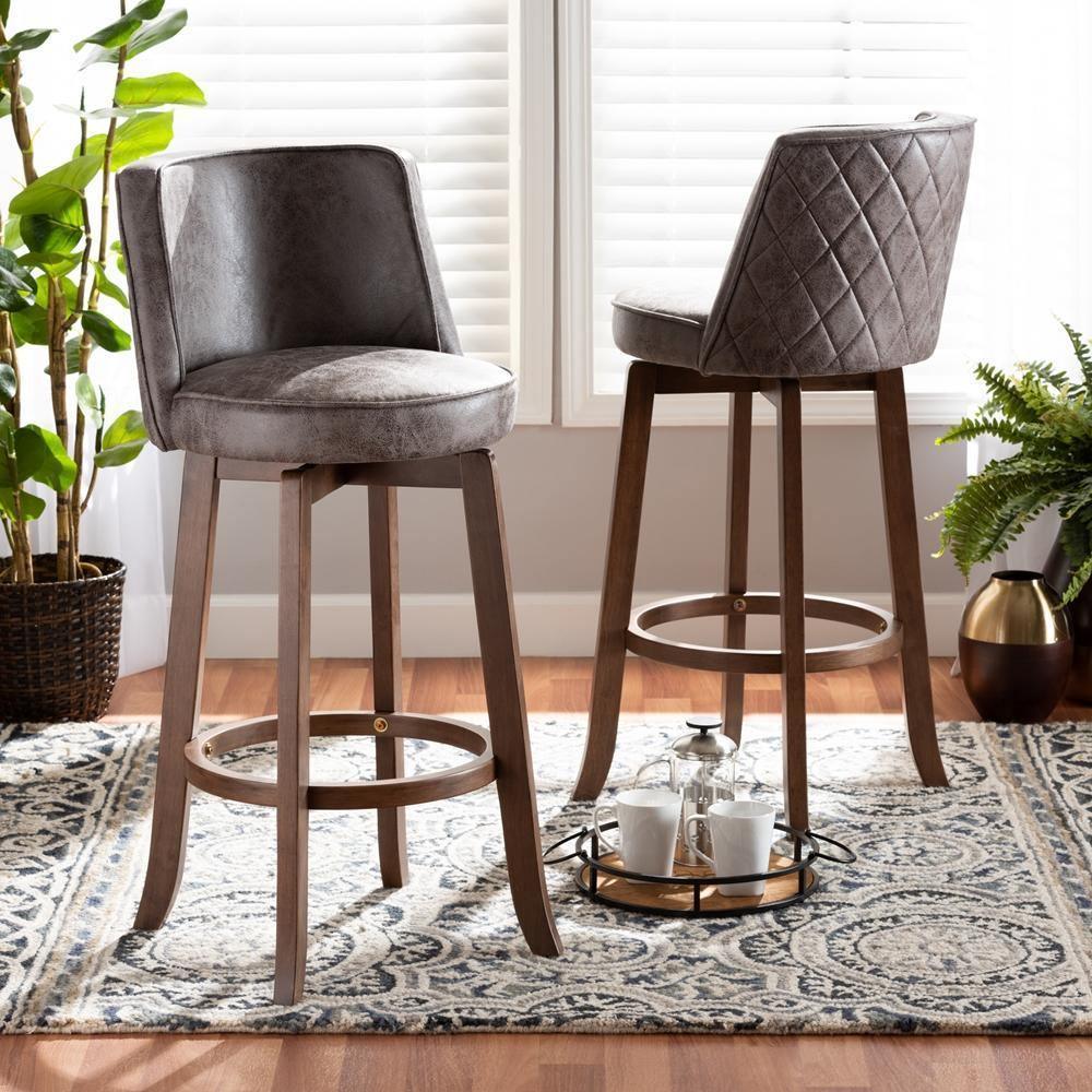 Adams Modern Transitional Distressed Grey Fabric Upholstered and Walnut Brown Finished Wood 2-Piece Bar Stool Set FredCo