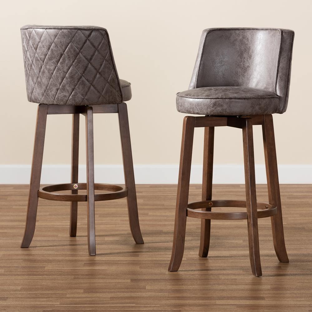 Adams Modern Transitional Distressed Grey Fabric Upholstered and Walnut Brown Finished Wood 2-Piece Bar Stool Set FredCo