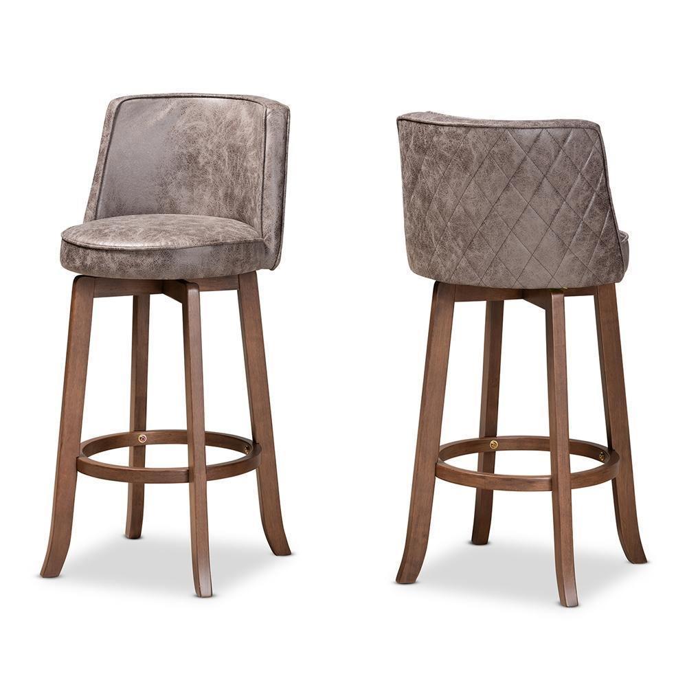 Adams Modern Transitional Distressed Grey Fabric Upholstered and Walnut Brown Finished Wood 2-Piece Bar Stool Set FredCo
