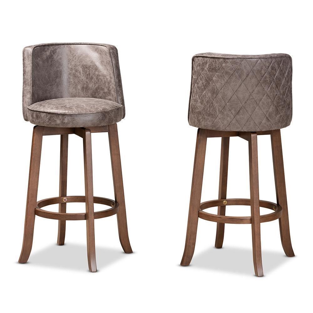 Adams Modern Transitional Distressed Grey Fabric Upholstered and Walnut Brown Finished Wood 2-Piece Bar Stool Set FredCo