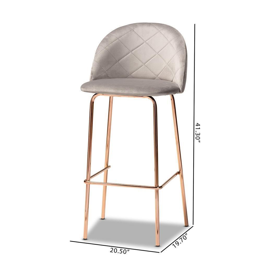 Addie Luxe and Glam Grey Velvet Fabric Upholstered and Rose Gold Finished 4-Piece Bar Stool Set FredCo