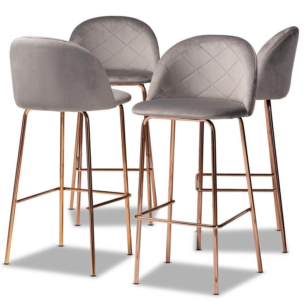 Addie Luxe and Glam Grey Velvet Fabric Upholstered and Rose Gold Finished 4-Piece Bar Stool Set FredCo