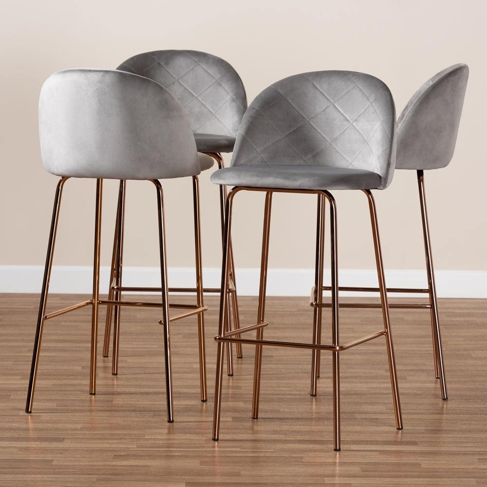 Addie Luxe and Glam Grey Velvet Fabric Upholstered and Rose Gold Finished 4-Piece Bar Stool Set FredCo