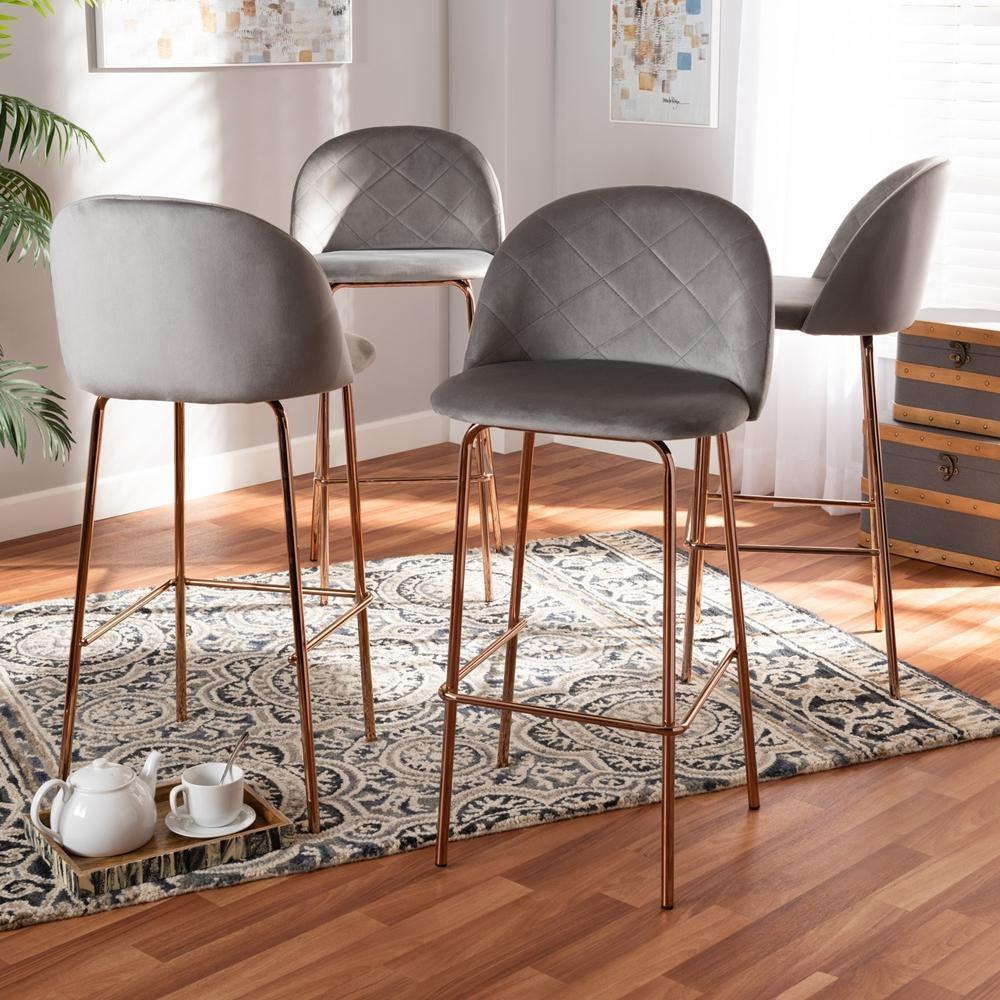 Addie Luxe and Glam Grey Velvet Fabric Upholstered and Rose Gold Finished 4-Piece Bar Stool Set FredCo