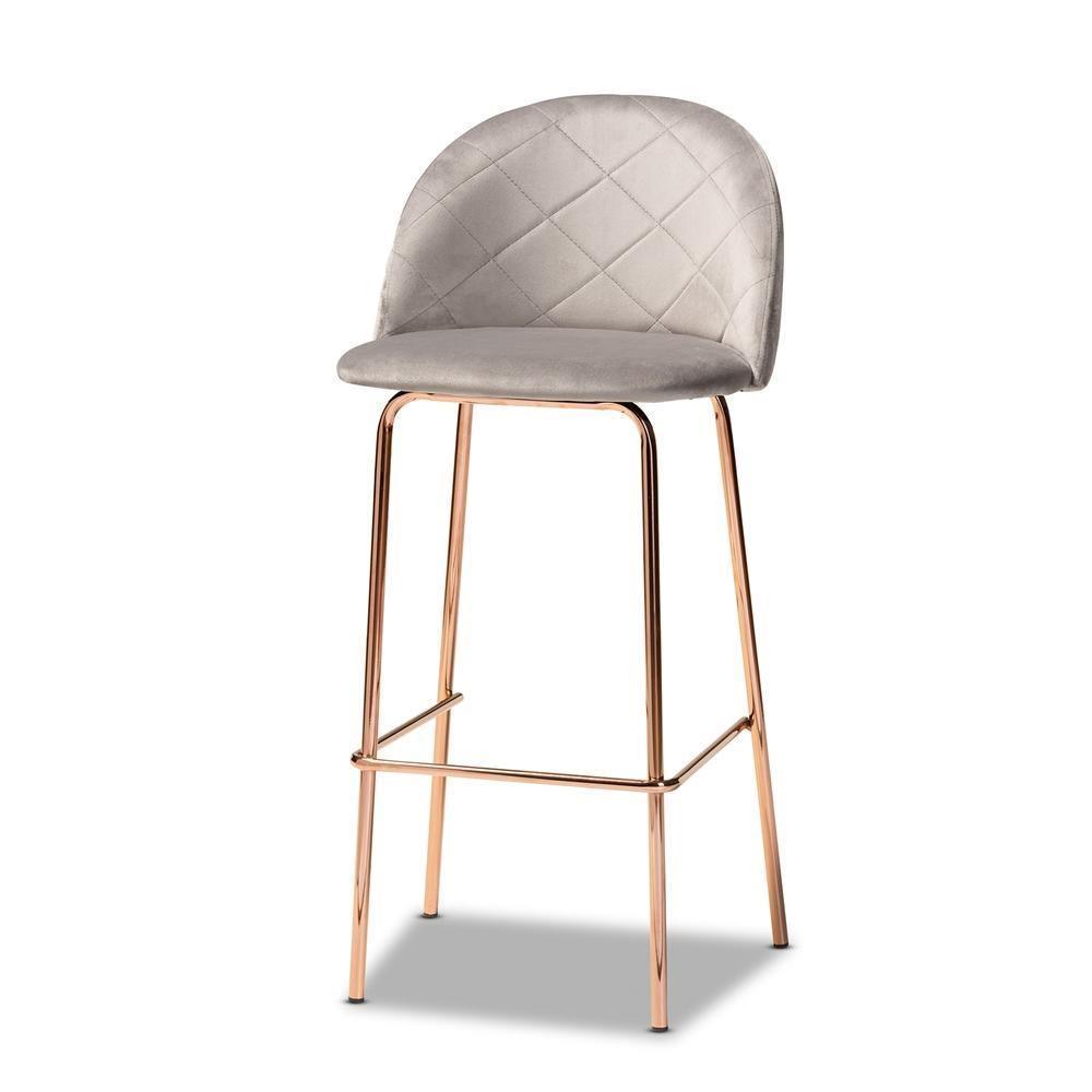 Addie Luxe and Glam Grey Velvet Fabric Upholstered and Rose Gold Finished 4-Piece Bar Stool Set FredCo