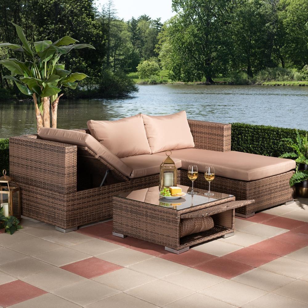 Addison Modern and Contemporary Light Brown Finished 3-Piece Rattan Patio Set with Adjustable Recliner FredCo