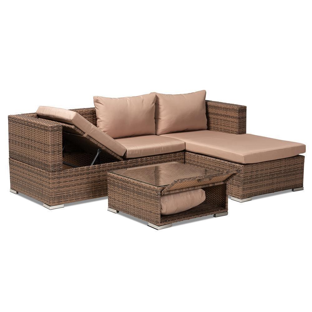 Addison Modern and Contemporary Light Brown Finished 3-Piece Rattan Patio Set with Adjustable Recliner FredCo