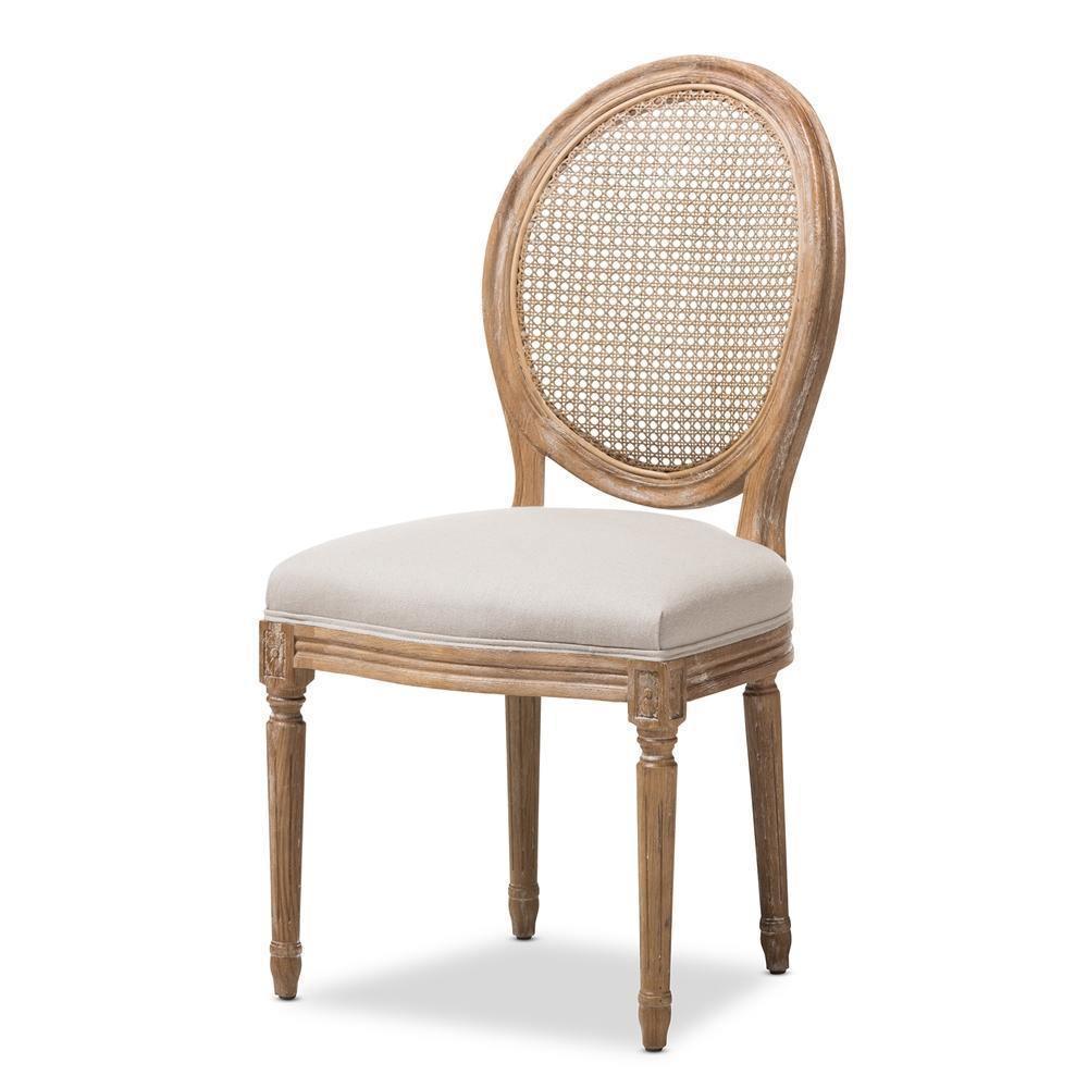 Adelia French Vintage Cottage Weathered Oak Finish Wood and Beige Fabric Upholstered Dining Side Chair with Round Cane Back FredCo